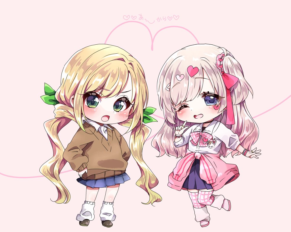 2girls accessories blonde_hair blue_eyes blue_skirt blush bow bowtie bracelet brown_shoes brown_sweater chibi chibi_only clothes_around_waist collared_shirt colored_tips facial_mark green_eyes green_ribbon gyaru hair_intakes hair_ornament hair_ribbon hair_scrunchie hairpin hand_on_own_cheek hand_on_own_face hands_on_own_hips heart heart_facial_mark heart_hair_ornament inda_karane jewelry kedarui_aashii kimi_no_koto_ga_dai_dai_dai_dai_daisuki_na_100-nin_no_kanojo knees_together_feet_apart kogal leg_up long_hair long_sleeves loose_socks low_twintails mark_under_eye miniskirt multicolored_hair multiple_bracelets multiple_girls multiple_hairpins ohananomitsu_high_school_uniform one_eye_closed one_side_up open_mouth outstretched_arm parted_bangs patterned_legwear pink_background pink_bow pink_bowtie pink_hair pink_scrunchie pink_shoes pink_sweater pink_thighhighs pleated_skirt raised_eyebrow ribbon ring school_uniform scrunchie shirt shirt_under_shirt shoes simple_background skirt sleeves_rolled_up smile socks standing standing_on_one_leg sweater sweater_around_waist swept_bangs thighhighs twintails v-shaped_eyebrows very_long_hair wavy_hair white_shirt white_socks yumenobetsu zettai_ryouiki