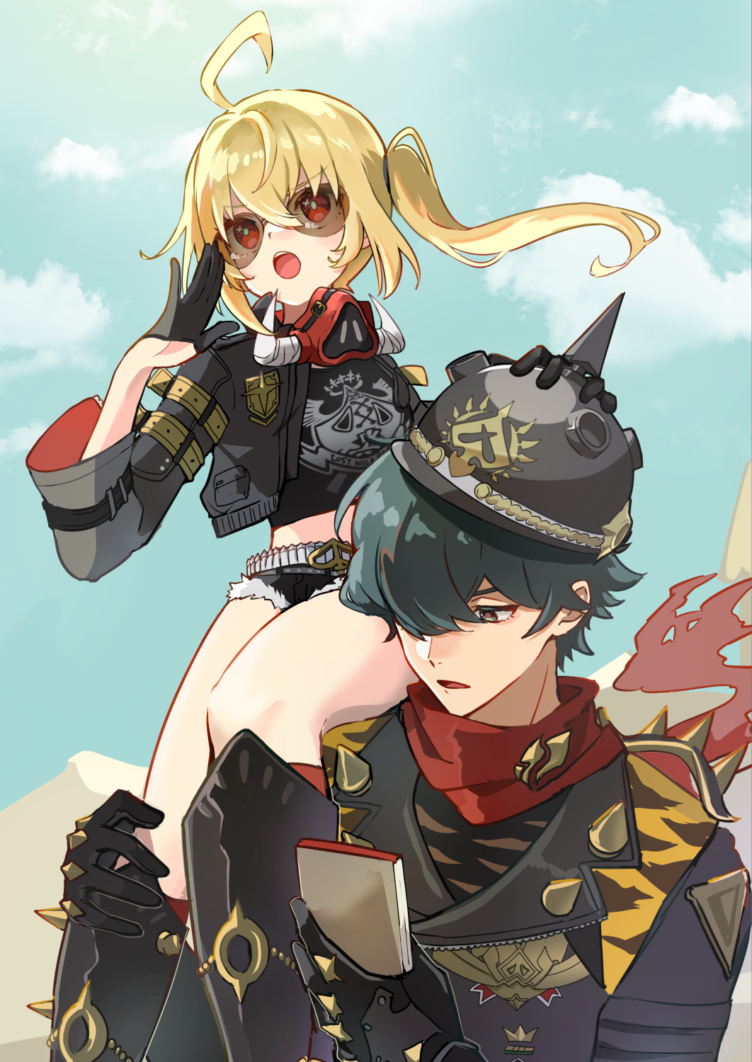 1boy 1girl black_gloves black_hair black_jacket black_shirt black_shorts blonde_hair boots cactus commentary_request crop_top day gloves hair_between_eyes helmet highres holding jacket knee_boots lighter_(zenless_zone_zero) long_hair long_sleeves luciana_de_montefio mask mask_around_neck open_clothes open_jacket open_mouth outdoors pinocle red_eyes red_scarf scarf shirt short_shorts shorts side_ponytail signature sitting sitting_on_shoulder sky sunglasses zenless_zone_zero