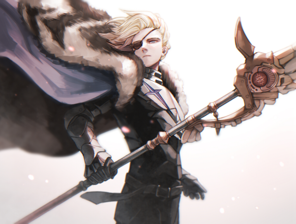 1boy areadbhar_(fire_emblem) armor armored_gloves belt belt_buckle black_armor black_belt black_fur black_gloves blonde_hair blue_cape blue_eyes breastplate buckle cape closed_mouth cowboy_shot crest d0o00o0b dimitri_alexandre_blaiddyd dimitri_alexandre_blaiddyd_(timeskip) eyepatch family_crest faulds fire_emblem fire_emblem:_three_houses floating_cape floating_hair gloves holding holding_polearm holding_weapon looking_ahead male_focus nintendo one_eye_covered ornate_weapon polearm solo weapon white_background white_fur