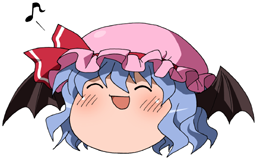 1girl :d ^_^ bad_source bat_wings black_wings blue_hair closed_eyes commentary_request eighth_note hair_between_eyes hat hat_ribbon lowres maso_(ascii_art) mob_cap musical_note no_nose open_mouth pink_hat red_ribbon remilia_scarlet ribbon short_hair simple_background smile solo touhou white_background wings yukkuri_shiteitte_ne