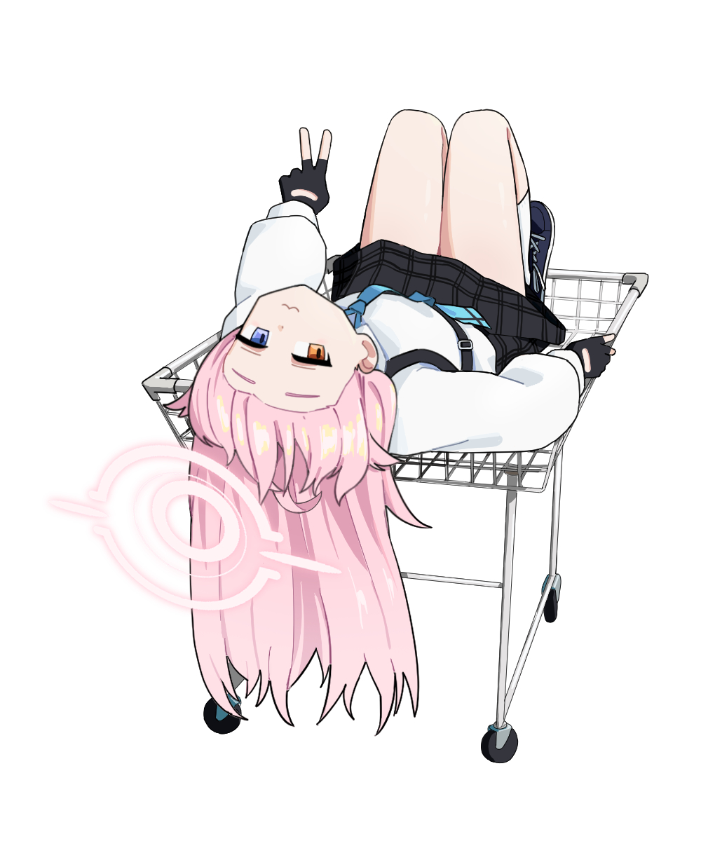 1girl :3 adon_(dufaladanidu) black_gloves black_skirt blue_archive blue_eyes blue_necktie closed_mouth commentary_request fingerless_gloves forehead full_body gloves halo heterochromia highres hoshino_(blue_archive) jitome knees_up long_hair long_sleeves looking_at_viewer lying miniskirt necktie on_back orange_eyes pink_hair pink_halo plaid_clothes plaid_skirt puffy_long_sleeves puffy_sleeves school_uniform shirt shopping_cart simple_background skirt smile solo straight_hair upside-down v white_background white_shirt