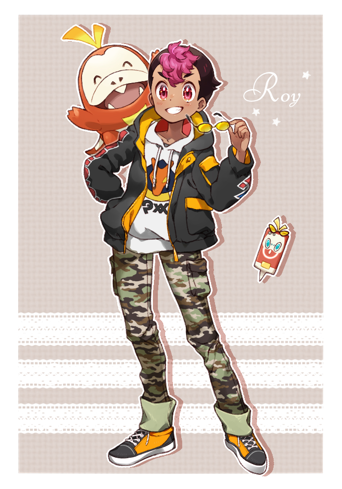 1boy black_jacket blush border camouflage camouflage_pants character_name commentary_request fuecoco gen_4_pokemon grin hand_on_own_hip hand_up holding holding_removed_eyewear hood hood_down hoodie jacket male_focus multicolored_hair nintendo on_shoulder open_clothes open_jacket outline pants pokemon pokemon_(anime) pokemon_(creature) pokemon_horizons pokemon_on_shoulder rotom rotom_phone roy_(pokemon) sasairebun shoes short_hair smile sneakers standing star_(symbol) sunglasses tassel teeth two-tone_hair unworn_eyewear white_border white_hoodie