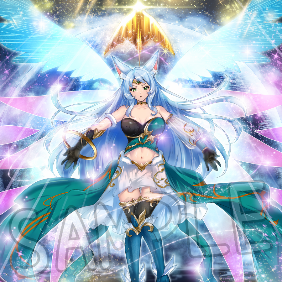 1girl animal_ears apollousa_bow_of_the_goddess arrow_(projectile) asymmetrical_clothes asymmetrical_sleeves bare_shoulders black_gloves black_thighhighs blue_hair breasts clothing_cutout dress duel_monster fairy_wings forehead_jewel gloves green_dress green_eyes kalian large_breasts long_hair navel navel_cutout open_mouth sample_watermark skirt solo sparkle star_(sky) thighhighs watermark white_skirt wings yu-gi-oh! zettai_ryouiki