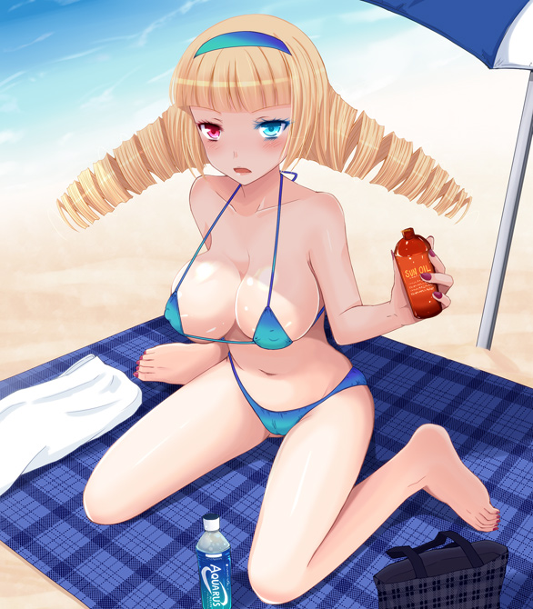 1girl bad_id bad_pixiv_id barefoot beach_towel blonde_hair bottle breasts drill_hair female_focus heterochromia kay kay_(utd) large_breasts long_hair lotion navel original shade sitting solo sunscreen towel wariza