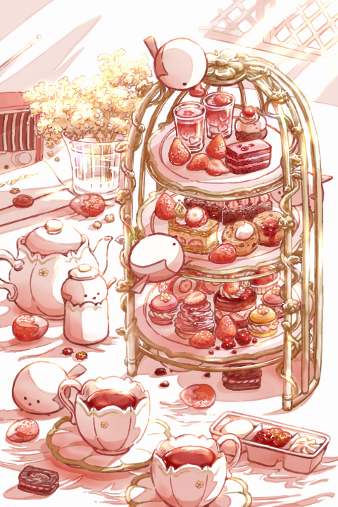 animal animal_focus bird cake commentary_request cup food food_focus fruit indoors long-tailed_tit macaron mina_michiharu no_humans original pastry strawberry strawberry_shortcake strawberry_slice sweets tea teacup teapot tiered_tray tit_(bird)