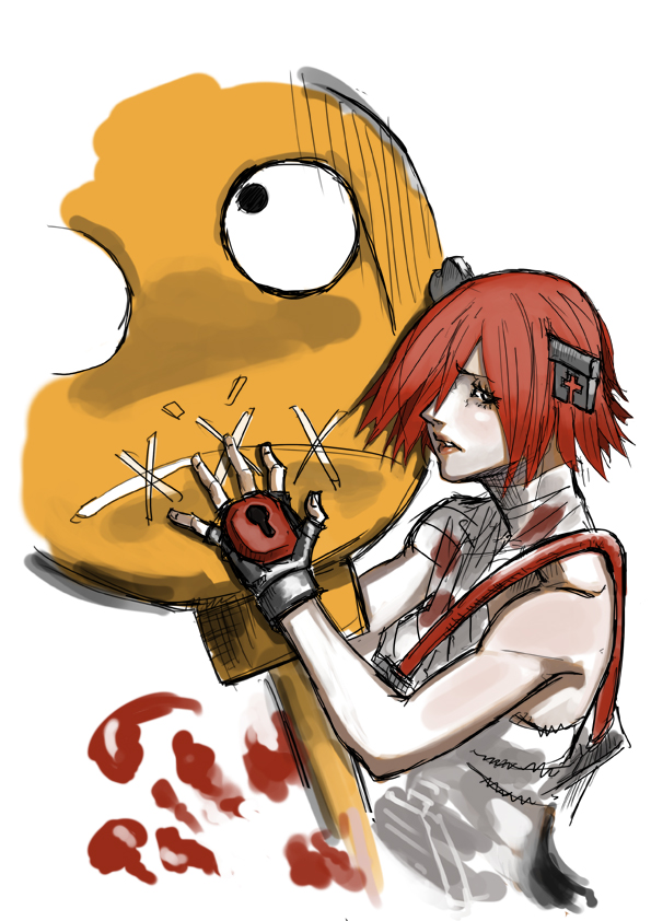 1girl a.b.a arc_system_works blood female_focus fingerless_gloves gloves guilty_gear homunculus hyperman_ys key key_in_head law object_through_head pale_skin paracelsus_(guilty_gear) red_hair short_hair sketch solo