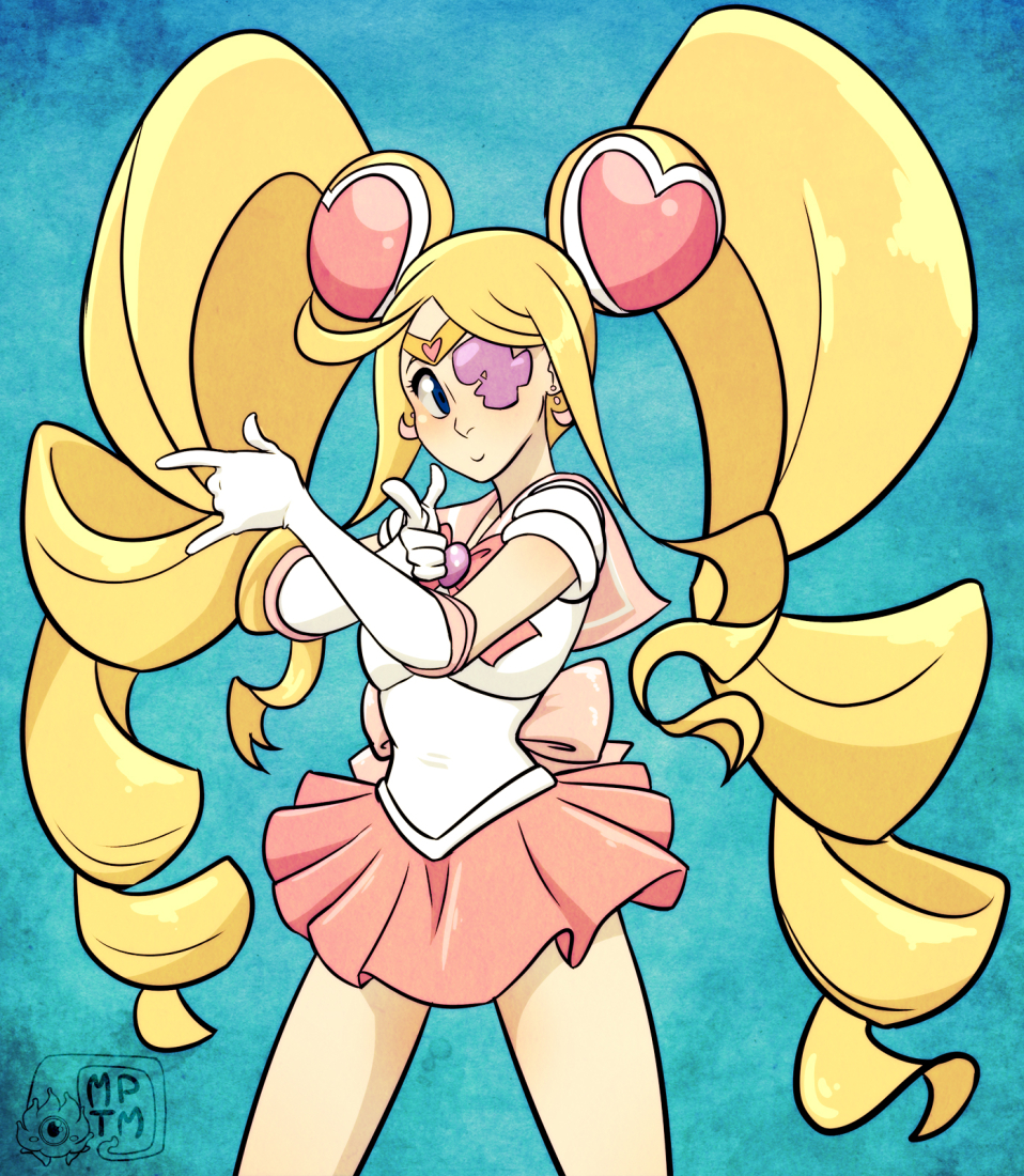 1girl big_hair bishoujo_senshi_sailor_moon blonde_hair blue_eyes bow cosplay crescent drill_hair earrings elbow_gloves eyepatch female_focus gloves hairpods harime_nui heart jewelry kill_la_kill long_hair m/ magical_girl my_pet_tentacle_monster parody pink_bow sailor_collar sailor_senshi sailor_senshi_(cosplay) skirt solo tsuki_ni_kawatte_oshioki_yo twin_drills unofficial_sailor_senshi_uniform very_long_hair white_gloves