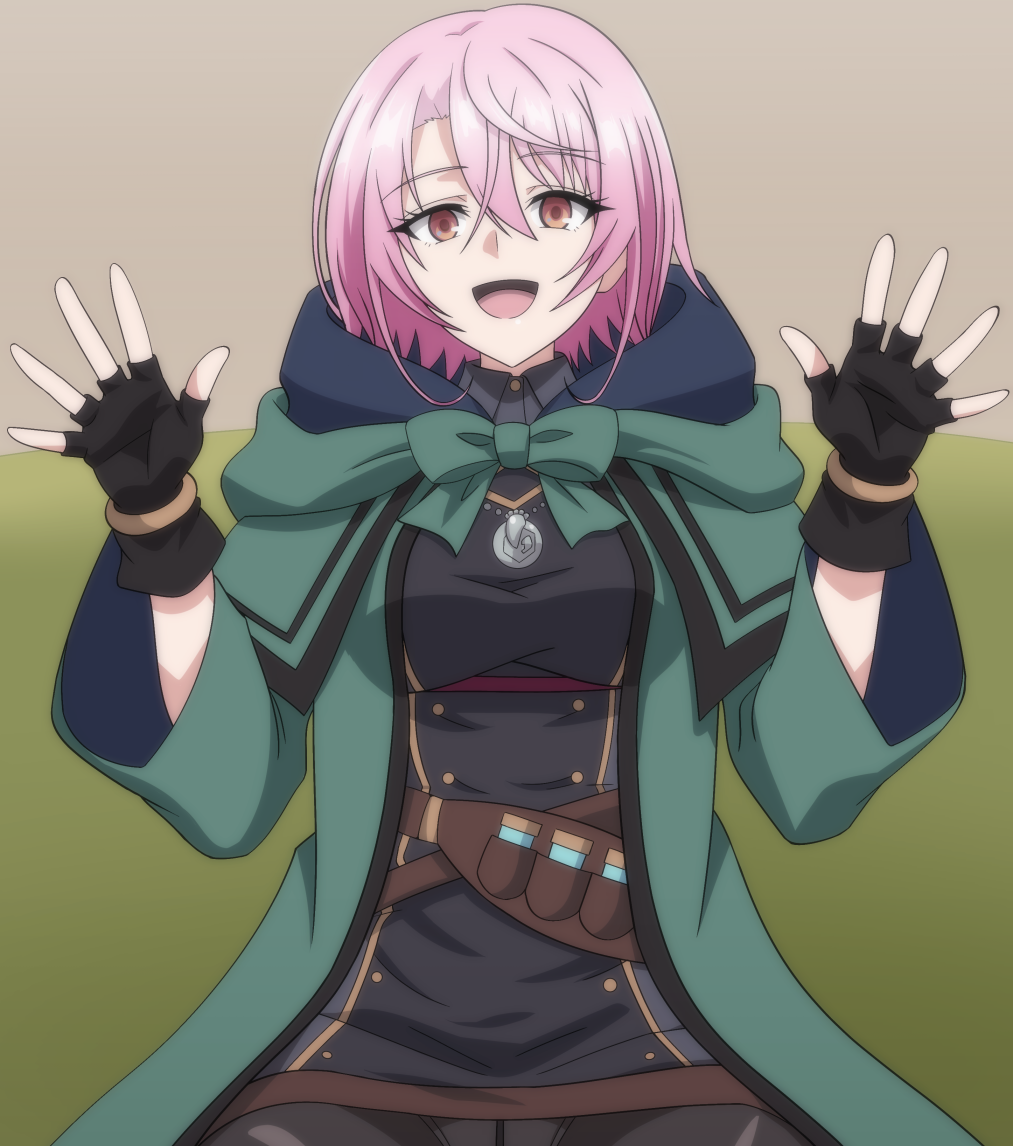 1girl black_dress black_gloves breasts brown_eyes coat dress fingerless_gloves gloves green_coat hair_between_eyes makiri_akira nageki_no_bourei_wa_intaishitai open_clothes open_coat open_mouth panties panties_under_pantyhose pantyhose pink_hair short_hair sitri_smart smile solo underwear