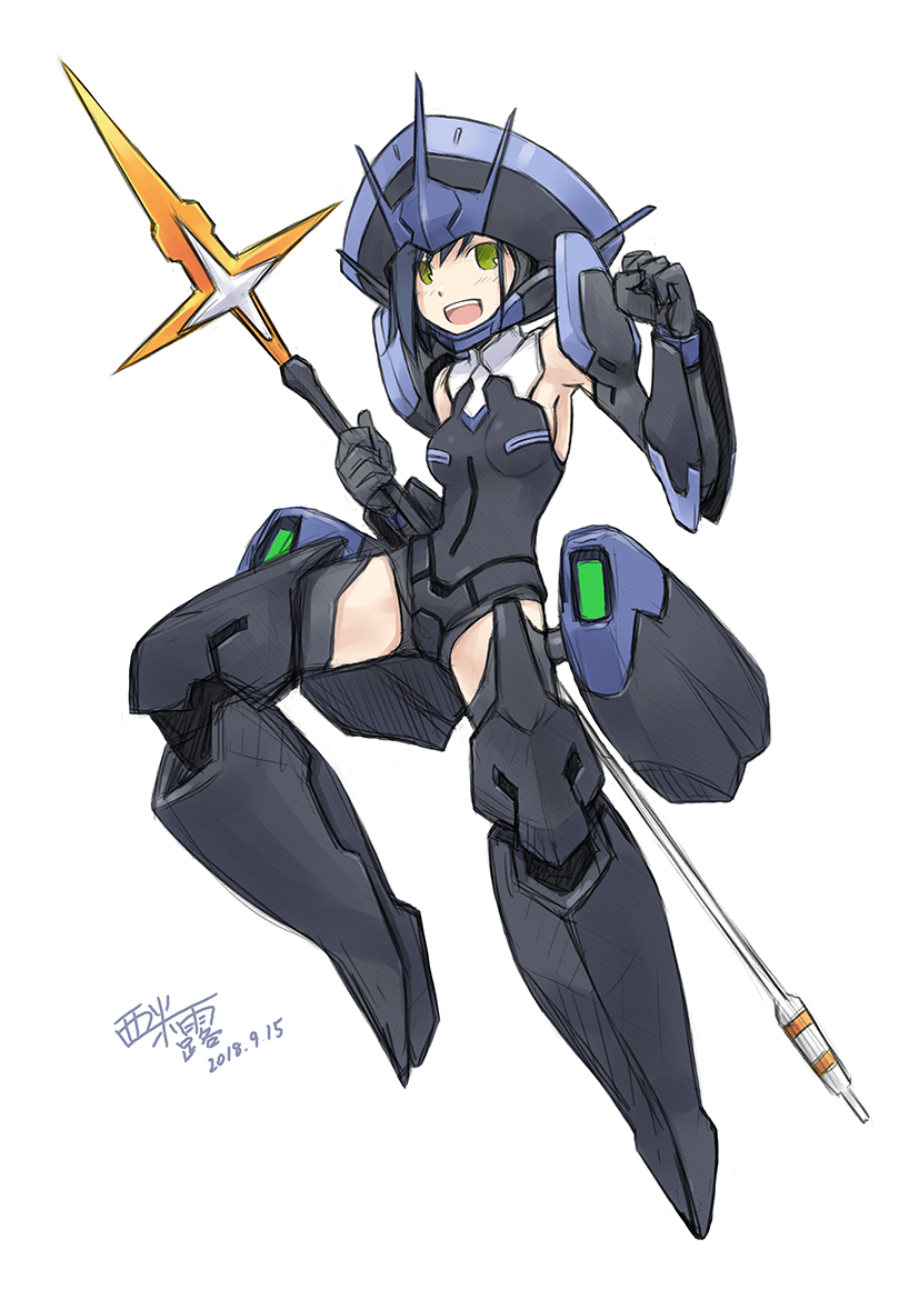 10s 1girl armor bare_shoulders black_armor black_gloves blue_hair breasts commentary_request darling_in_the_franxx dated delphinium_(darling_in_the_franxx) female_focus floating flying full_armor gloves green_eyes hair_between_eyes holding holding_polearm holding_spear holding_weapon ichigo_(darling_in_the_franxx) looking_at_viewer mecha_musume open_mouth polearm short_hair shoulder_armor signature simelu small_breasts smile solo spear teeth thighs weapon white_background