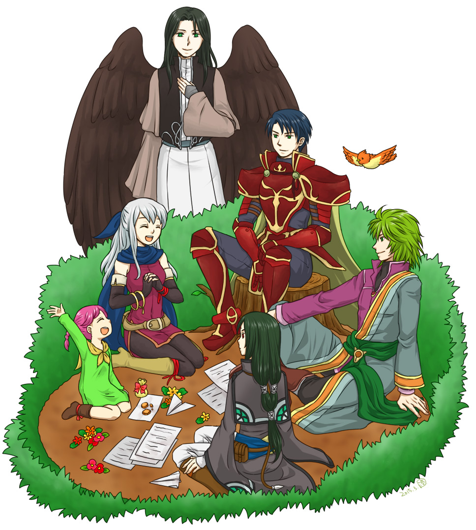 2girls 4boys :d amy_(fire_emblem) arm_up armor armored_boots bangle bare_shoulders bird black_gloves black_hair black_legwear black_wings blue_hair blue_scarf book boots bracelet closed_eyes coat dress elbow_gloves feathered_wings fingerless_gloves fire_emblem fire_emblem:_path_of_radiance fire_emblem:_radiant_dawn gloves green_eyes green_hair hair_ribbon half_updo interlocked_fingers jewelry long_hair micaiah_(fire_emblem) minato_(xxx_chu) multiple_boys multiple_girls nintendo open_mouth pantyhose paper pink_hair red_eyes ribbon robe scarf sephiran_(fire_emblem) side_slit silver_hair sleeveless sleeveless_dress smile soren_(fire_emblem) spoilers stefan_(fire_emblem) trait_connection wings yune_(fire_emblem) zelgius_(fire_emblem)