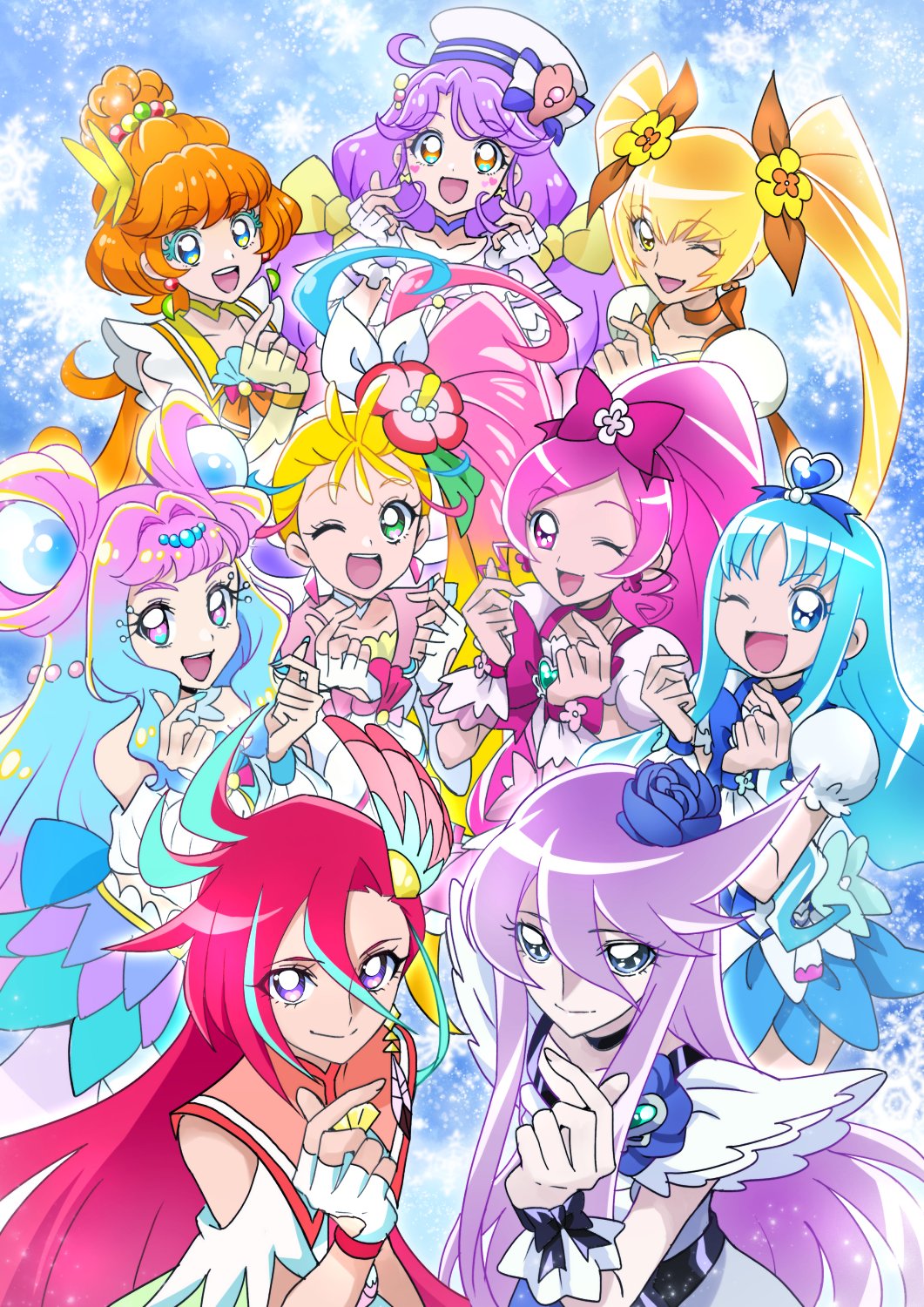 6+girls anime_coloring aqua_hair asymmetrical_bangs blonde_hair blue_choker blue_dress blue_eyes blue_flower blue_hair blue_rose bow brooch choker clenched_hands clothing_cutout commentary cure_blossom cure_coral cure_flamingo cure_la_mer cure_marine cure_moonlight cure_papaya cure_summer cure_sunshine double_bun dress earrings eyelash_ornament feather_earrings feathers fingerless_gloves flower food-themed_hair_ornament fruit_hair_ornament gloves green_eyes hair_between_eyes hair_bow hair_bun hair_flower hair_ornament hair_ribbon half_gloves hanasaki_tsubomi hat hat_bow heart heart_brooch heartcatch_precure! hibiscus highres ichinose_minori in-franchise_crossover jewelry kurumi_erika laura_la_mer looking_at_viewer magical_girl multicolored_hair multiple_girls myoudouin_itsuki natsuumi_manatsu one_eye_closed open_mouth orange_eyes orange_hair pear_hair_ornament pink_bow pink_dress pink_eyes pink_hair pink_sailor_collar ponytail precure puffy_short_sleeves puffy_sleeves purple_choker purple_eyes purple_hair red_hair red_shirt ribbon rose sailor_collar sailor_hat sailor_shirt shell_brooch shirt short_sleeves shoulder_cutout side_ponytail smile sparkle standing takizawa_asuka tropical-rouge!_precure tsukikage_oyama tsukikage_yuri twintails two-tone_hair white_dress white_gloves white_hat white_ribbon white_shirt yellow_choker yellow_dress yellow_eyes yellow_flower yellow_ribbon