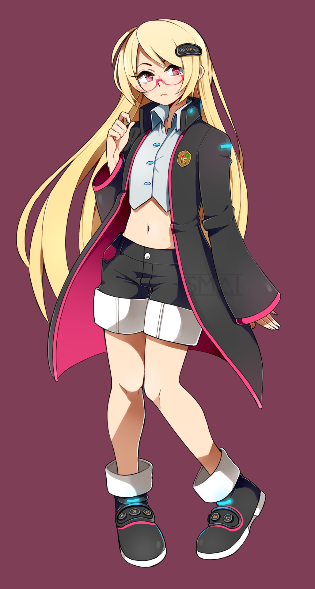 1girl blonde_hair boots commentary female_focus flat_chest full_body game_console glasses hair_ornament hairclip highres long_coat long_hair midriff navel personification pink-framed_eyewear purple_background red_eyes sami_briggs sega_hard_girls sega_mega_drive sega_mega_drive_(sega_hard_girls) semi-rimless_eyewear shorts solo under-rim_eyewear watermark