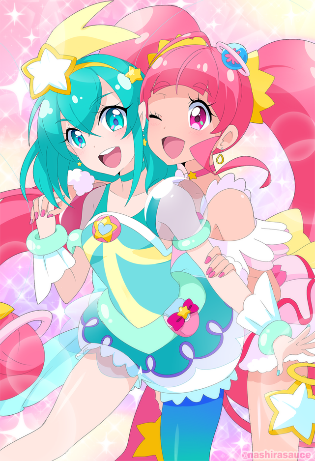 2girls :d ;d ahoge aqua_choker aqua_dress aqua_eyes aqua_hair aqua_nails aqua_pantyhose blunt_bangs blush breasts brooch bubble_skirt choker collarbone commentary cowboy_shot cure_milky cure_star dot_nose double-parted_bangs dress earrings four-pointed_star front-to-back fur_cuffs fur_trim hagoromo_lala hair_between_eyes hair_ornament hairband hand_on_another&#039;s_arm holding_hands hoop_earrings hoshina_hikaru jewelry legs_apart light_particles long_hair magical_girl medium_hair multiple_girls nail_polish nashirasauce one_eye_closed open_mouth pantyhose petticoat pink_background pink_choker pink_dress pink_eyes pink_hair pink_nails pink_thighhighs planet_hair_ornament pointy_ears pouch precure puffy_short_sleeves puffy_sleeves see-through_clothes see-through_sleeves shooting_star_hair_ornament short_dress short_sleeves single_leg_pantyhose single_thighhigh skirt small_breasts smile sparkle sparkle_background star_(symbol) star_brooch star_choker star_earrings star_hair_ornament star_hairband star_twinkle_precure teeth thighhighs twintails twitter_username upper_teeth_only very_long_hair white_petticoat white_wrist_cuffs wrist_cuffs yellow_hairband