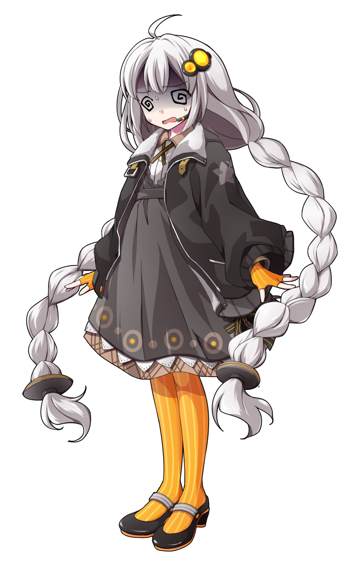 1girl @_@ ahoge arms_at_sides black_jacket black_shoes braid bright_pupils collared_dress commentary_request dairi dress fingerless_gloves flat_chest full_body gloves grey_dress hair_between_eyes hair_intakes hair_ornament high_heels jacket kizuna_akari large_variant_set long_hair long_sleeves mary_janes microphone open_clothes open_jacket open_mouth orange_gloves orange_pantyhose pantyhose pink_pupils shaded_face shoes solo standing star_(symbol) star_print striped_clothes striped_gloves striped_pantyhose sweat tachi-e transparent_background twin_braids variant_set vertical-striped_clothes vertical-striped_gloves vertical-striped_pantyhose very_long_hair vocaloid voiceroid white_hair