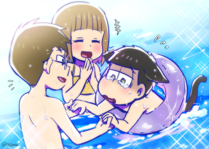 1girl 2boys animal_ears beach bikini black_eyes black_hair blonde_hair brown_eyes brown_hair cat_ears closed_eyes flying_sweatdrops glasses glasses_boy_(osomatsu-san) holding_hands innertube kemonomimi_mode kl_(dgzonbi) matsuno_ichimatsu messy_hair multiple_boys ocean osomatsu-san osomatsu_(series) own_hands_together short-haired_girl_(osomatsu-san) short_hair smile swim_ring swimsuit tail tears trembling turn_pale yellow_bikini