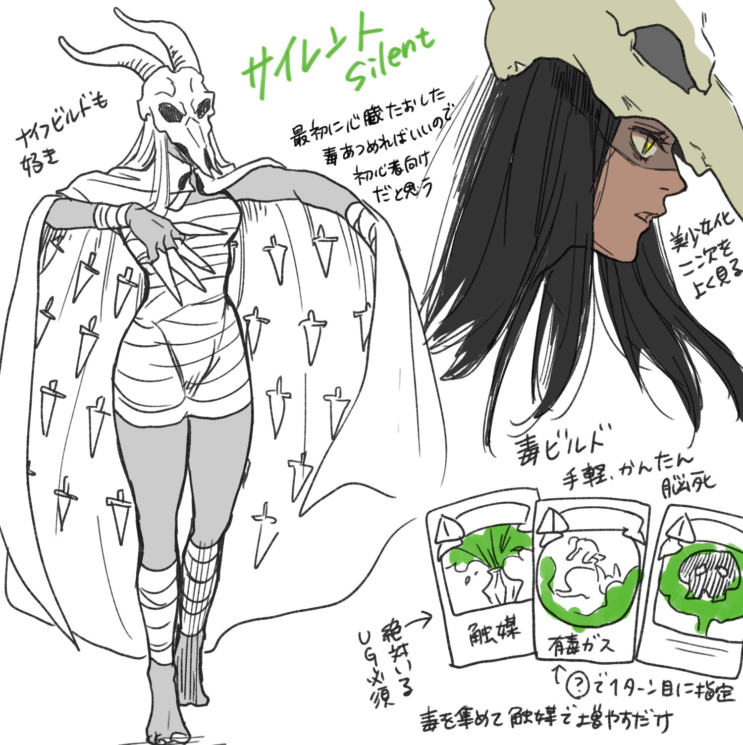 Rule 34 Dev - 1girl bandaged_arm bandaged_leg bandages barefoot black_hair  cape card highres holding holding_knife knife long_hair mask senusenun01  shaded_face skull_on_head slay_the_spire solo the_silent_(slay_the_spire)  translation_request weapon ...