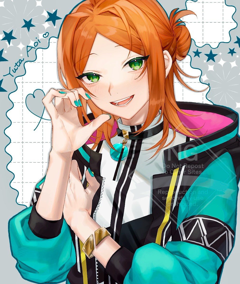 1boy :d aoi_yuta aqua_jacket bracelet choker ensemble_stars! green_eyes hair_bun half-heart_hands half_updo highres hood hood_down idol jacket jewelry male_focus medium_hair nail_polish open_mouth orange_hair parted_bangs sleeveless sleeveless_turtleneck smile star_(symbol) tawa_(eraremmm) tsurime turtleneck upper_body