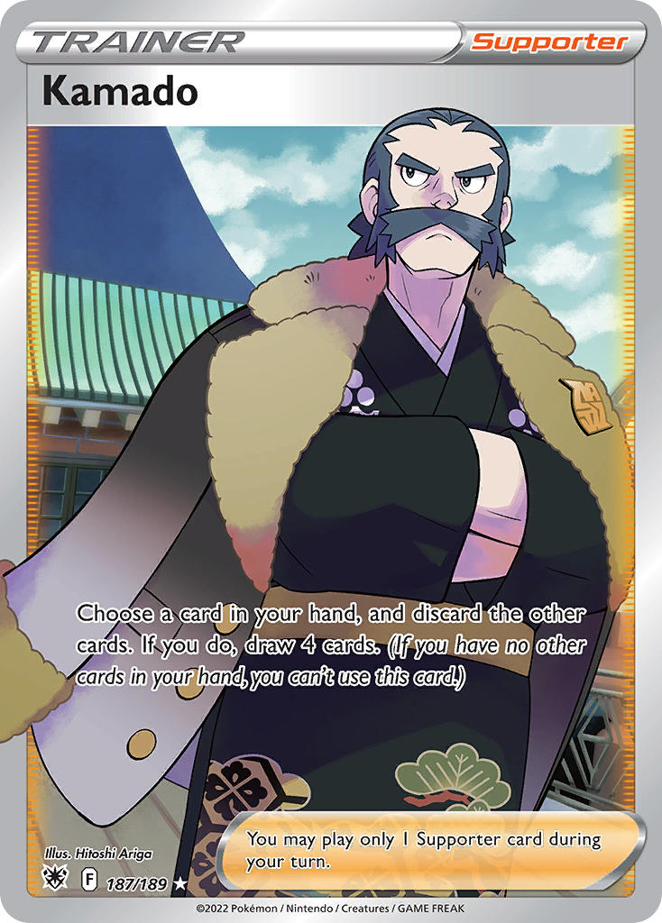 1boy ariga_hitoshi artist_name black_hair black_kimono blue_sky building card_(medium) character_name closed_mouth cloud company_name copyright_name copyright_notice crossed_arms english_text facial_hair jacket jacket_on_shoulders japanese_clothes kamado_(pokemon) kimono male_focus mature_male mustache nintendo official_art pokemon pokemon_card pokemon_legends:_arceus pokemon_tcg short_hair sky solo third-party_source trading_card