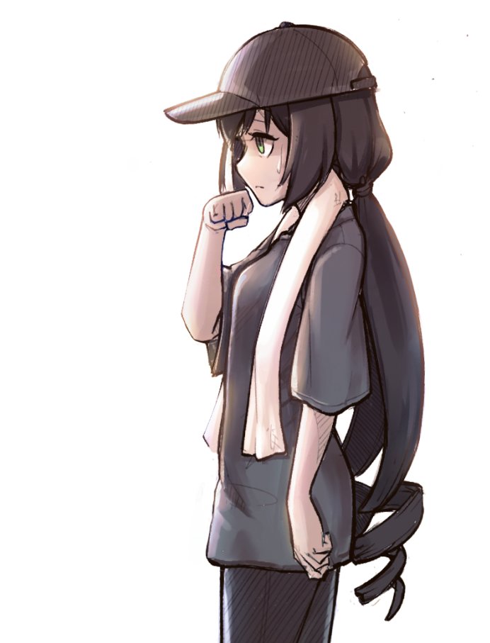 1girl alternate_costume arm_at_side baseball_cap black_hair black_hat black_pants black_shirt breasts clenched_hand closed_mouth commentary cowboy_shot english_commentary from_side frown green_eyes hand_up hat jacy karyl_(princess_connect!) long_hair looking_afar low_twintails pants princess_connect! shirt short_sleeves sideways_mouth small_breasts solo sweat towel towel_around_neck twintails wiping_sweat