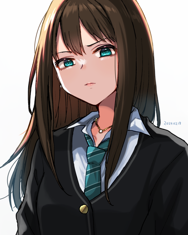 1girl arms_at_sides ayaca black_cardigan blue_eyes brown_hair buttons cardigan closed_mouth collared_shirt dated frown furrowed_brow green_necktie hair_between_eyes idolmaster idolmaster_cinderella_girls jewelry lips long_hair looking_at_viewer necklace necktie open_collar shibuya_rin shirt sidelocks simple_background solo straight_hair striped_necktie upper_body white_background white_shirt