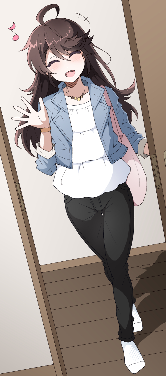 +++ 1girl ahoge black_pants brown_hair denim denim_jacket door facing_viewer full_body hair_between_eyes highres indoors jacket jewelry long_hair long_sleeves musical_note necklace nel-c no_shoes original paid_reward_available pants pink_bag shirt socks solo swept_bangs white_shirt white_socks
