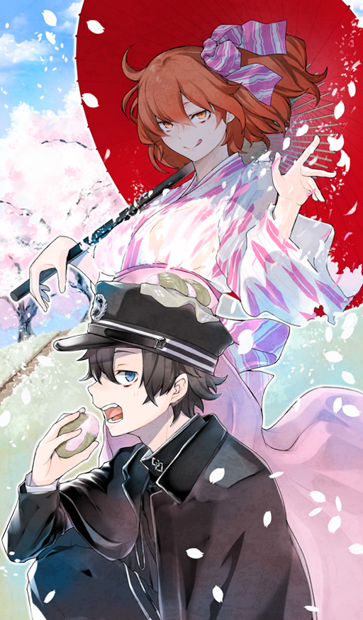 1boy 1girl ahoge black_hair black_hat black_jacket black_pants black_shirt blue_eyes blue_sky bow cherry_blossoms cherry_tree closed_mouth cloud commentary day fate/grand_order fate_(series) feet_out_of_frame food from_side fujimaru_ritsuka_(female) fujimaru_ritsuka_(female)_(walking_in_the_spring_breeze) fujimaru_ritsuka_(male) fujimaru_ritsuka_(male)_(walking_in_the_spring_breeze) grass gudaguda_meiji_ishin hair_between_eyes hair_bow hat high_collar holding holding_food holding_umbrella jacket japanese_clothes kimono long_sleeves looking_at_viewer looking_to_the_side medium_hair mochi official_art oil-paper_umbrella one_side_up open_mouth orange_eyes orange_hair outdoors pants peaked_cap pink_bow pink_kimono red_umbrella sakura_mochi shirt short_hair sitting sky stairs standing sunlight teeth third-party_source tongue tongue_out two-tone_bow two-tone_kimono umbrella umbrella_over_shoulder wagashi white_kimono wide_sleeves wind yasuda_suzuhito