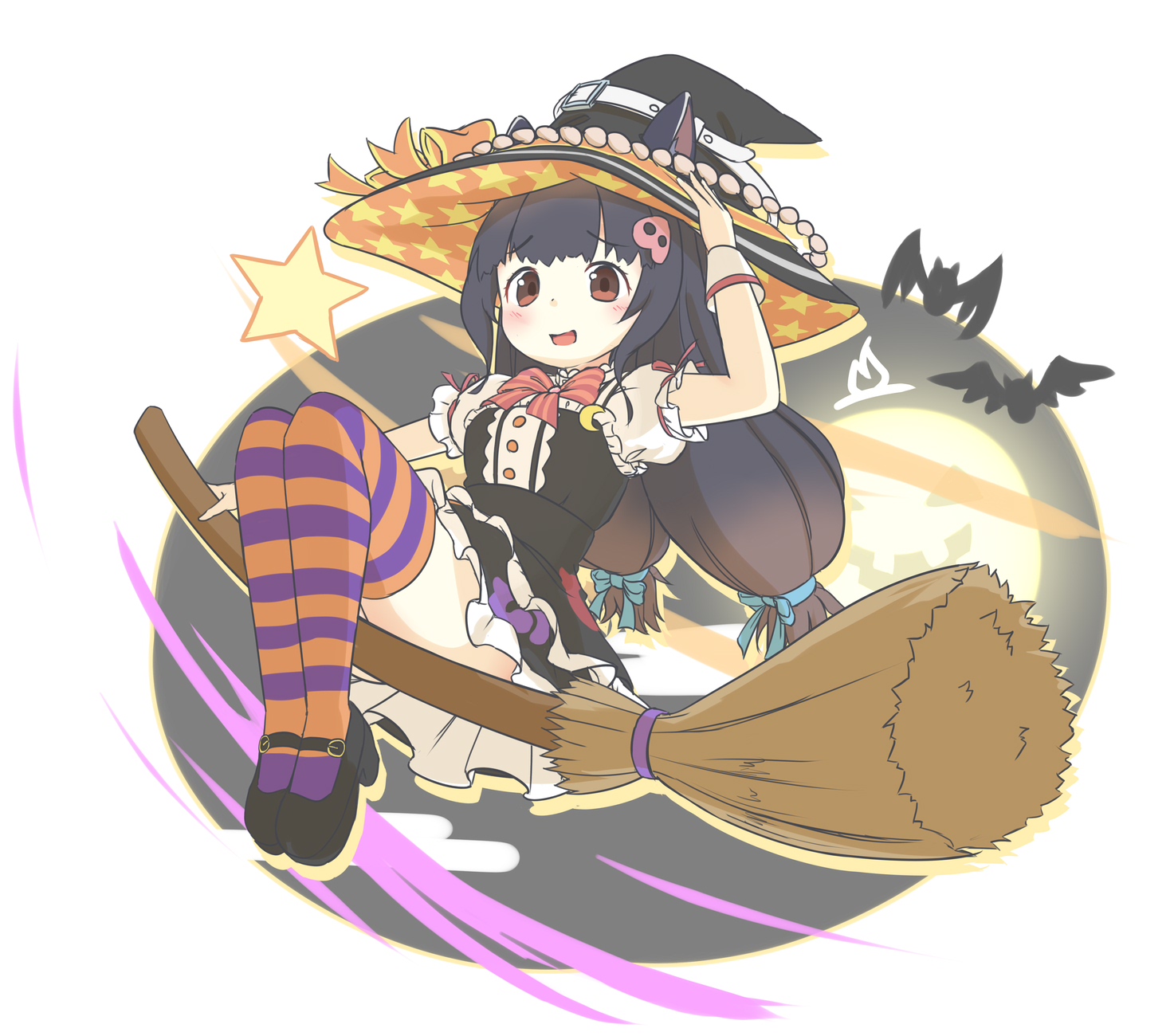 1girl alternate_costume animal_ears bat_(animal) black_hair black_hat black_shirt black_skirt blue_bow blush bow bowtie broom broom_riding brown_eyes center_frills collared_peccary_(kemono_friends) ears_through_headwear frilled_skirt frills hair_bow hat hat_bow highres kemono_friends kemono_friends_3 long_hair looking_at_viewer onefiresticks orange_bow orange_bowtie orange_thighhighs puffy_short_sleeves puffy_sleeves purple_thighhighs shirt short_sleeves sidelocks skirt solo striped_clothes striped_thighhighs thighhighs twintails two-tone_shirt two-tone_thighhighs white_shirt witch witch_hat wrist_cuffs