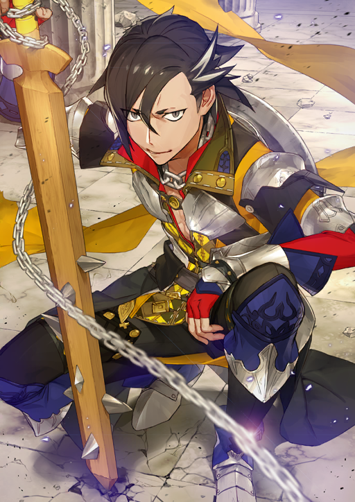 1boy arm_on_knee armor armored_boots armored_gloves belt black_hair black_pants boots brown_belt chain chain_around_neck fate/grand_order fate_(series) fingerless_gloves full_body game_cg ginka_sima gloves grey_background grey_eyes hair_between_eyes hand_on_hilt knee_up kneeling looking_at_viewer male_focus mandricardo_(fate) medium_hair motion_blur multicolored_hair official_art pants pauldrons pectorals planted planted_sword planted_weapon plunging_neckline popped_collar red_gloves red_shirt rubble ruins shield shield_on_back shirt shoulder_armor smirk solo sweater_guard swept_bangs sword third-party_source two-tone_hair v-shaped_eyebrows waist_cape weapon white_streaks wooden_sword