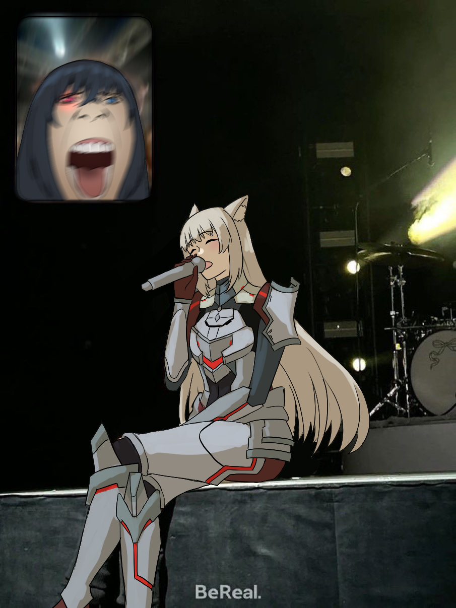 1boy 1girl animal_ears artist_request cat_ears closed_eyes drum drum_set fan_screaming_at_madison_beer_(meme) highres instrument long_hair m_(xenoblade) meme microphone music n_(xenoblade) open_mouth parody singing sitting style_parody xenoblade_chronicles_(series) xenoblade_chronicles_3