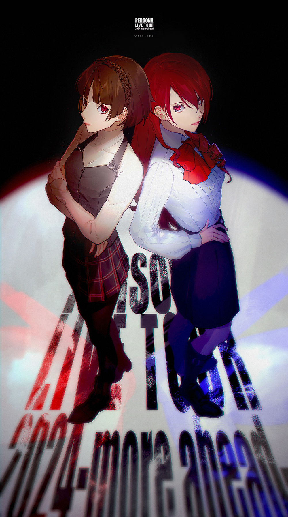 2girls back-to-back black_boots black_pantyhose black_skirt blunt_bangs boots bow bowtie braid brown_hair checkered_clothes checkered_skirt closed_mouth collared_shirt commentary_request crossed_arms crown_braid drill_hair full_body gekkoukan_high_school_uniform hand_on_own_hip highres in-franchise_crossover kaori kirijou_mitsuru long_hair long_sleeves looking_at_viewer multiple_girls niijima_makoto pantyhose persona persona_3 persona_5 pink_lips pleated_skirt red_bow red_bowtie red_eyes red_hair school_uniform shirt short_hair shuujin_academy_school_uniform skirt standing sweater turtleneck turtleneck_sweater white_shirt white_sweater