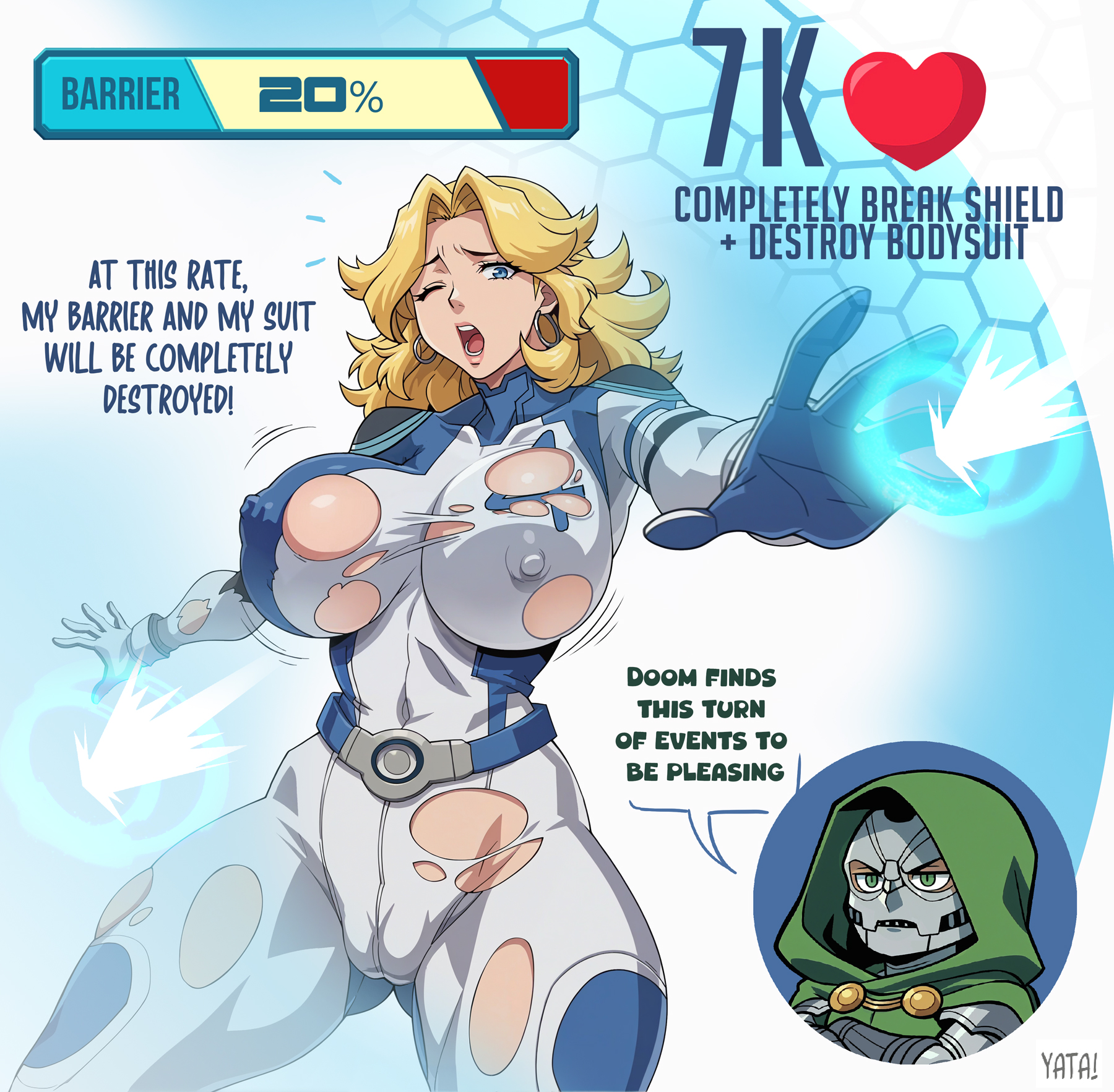 1boy 1girl 2025 animification arm_armor armor artist_name belt blonde_hair blue_bodysuit blue_eyes bodysuit cameltoe chibi chibi_inset commentary covered_erect_nipples cowboy_shot curly_hair curvy doctor_doom english_commentary english_text fantastic_four foreshortening gameplay_mechanics gluteal_fold green_eyes green_hood highres hood hood_up jiggle legs_apart lips logo marvel marvel_rivals mask mature_female one_eye_closed outstretched_arms parted_bangs signature skin_tight spread_fingers sue_storm thick_thighs thighs torn_clothes two-tone_bodysuit white_bodysuit wide_hips yatagarasupen