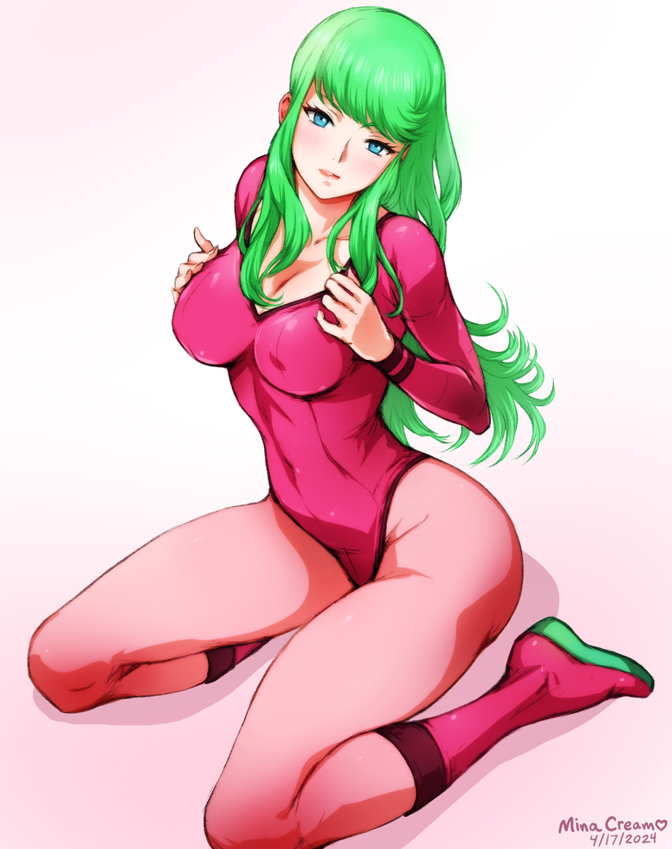 1girl 2024 alternate_color artist_name blue_eyes bodysuit boots breasts dated female_focus green_hair highres justin_bailey kneeling large_breasts leotard long_hair looking_at_viewer metroid mina_cream name nintendo official_alternate_costume parted_lips pink_leotard red_boots samus_aran solo zero_suit