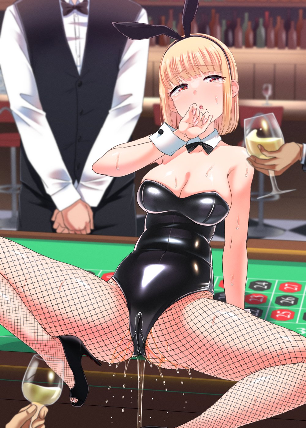 1girl 3boys alcohol animal_costume bar_stool bare_shoulders bartender black_bow black_bowtie black_footwear black_leotard black_pants blonde_hair blush bob_cut bow bowtie breasts casino casino_card_table chair checkered_floor cleavage collared_shirt covering_own_mouth croupier cuff_links cuffs cup detached_collar drinking_glass embarrassed fishnet_legwear fishnets glass_bottle hands_on_own_face high_heels highres holding holding_cup legs_apart leotard liquor mole multiple_boys original pants pee peeing peeing_self playboy_bunny rabbit_ears red_eyes shadow shiny_clothes shirt short_hair sitting sitting_on_table spots spread_legs stool strapless strapless_leotard sweat sweatdrop table tearing_up tears tsuttsu vest water_drop white_shirt wine_glass wrist_cuffs