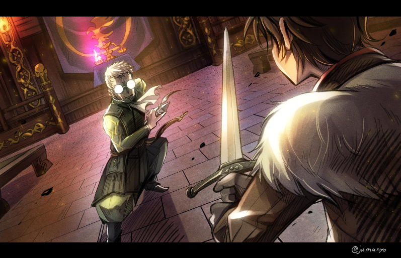 2boys banner belt benedict_pascal capelet closed_mouth commentary_request dutch_angle fighting_stance fire from_behind fur_capelet glasses grey_hair holding holding_sword holding_weapon indoors jumanyo male_focus multiple_boys old old_man round_eyewear scales serenoa_wolffort spoilers stone_floor sword table triangle_strategy twitter_username weapon