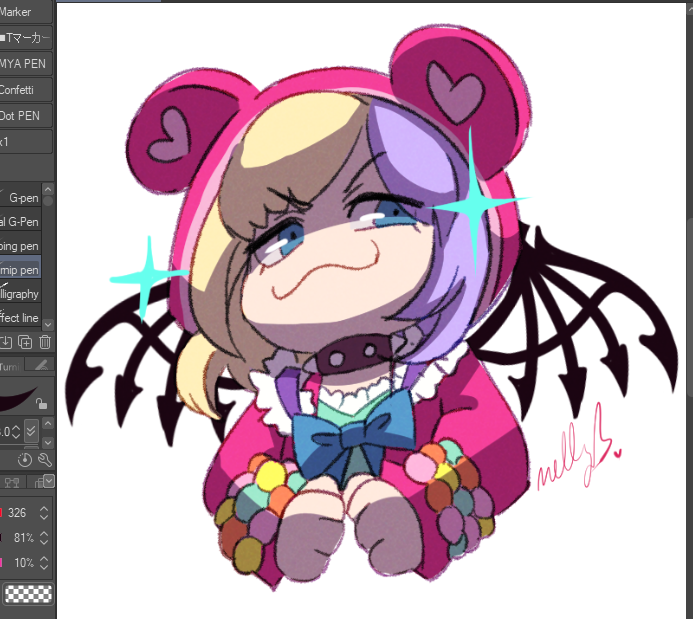 1girl animal_hood atarashi_coco black_wings blonde_hair blue_eyes blue_ribbon collar eyebrows eyebrows_hidden_by_hair female_focus hood hoodie mouse_hood multicolored_hair pink_hoodie purple_hair ribbon smile smug solo spiked_collar spiked_wings spikes subarashiki_kono_sekai two-tone_hair upper_body wings