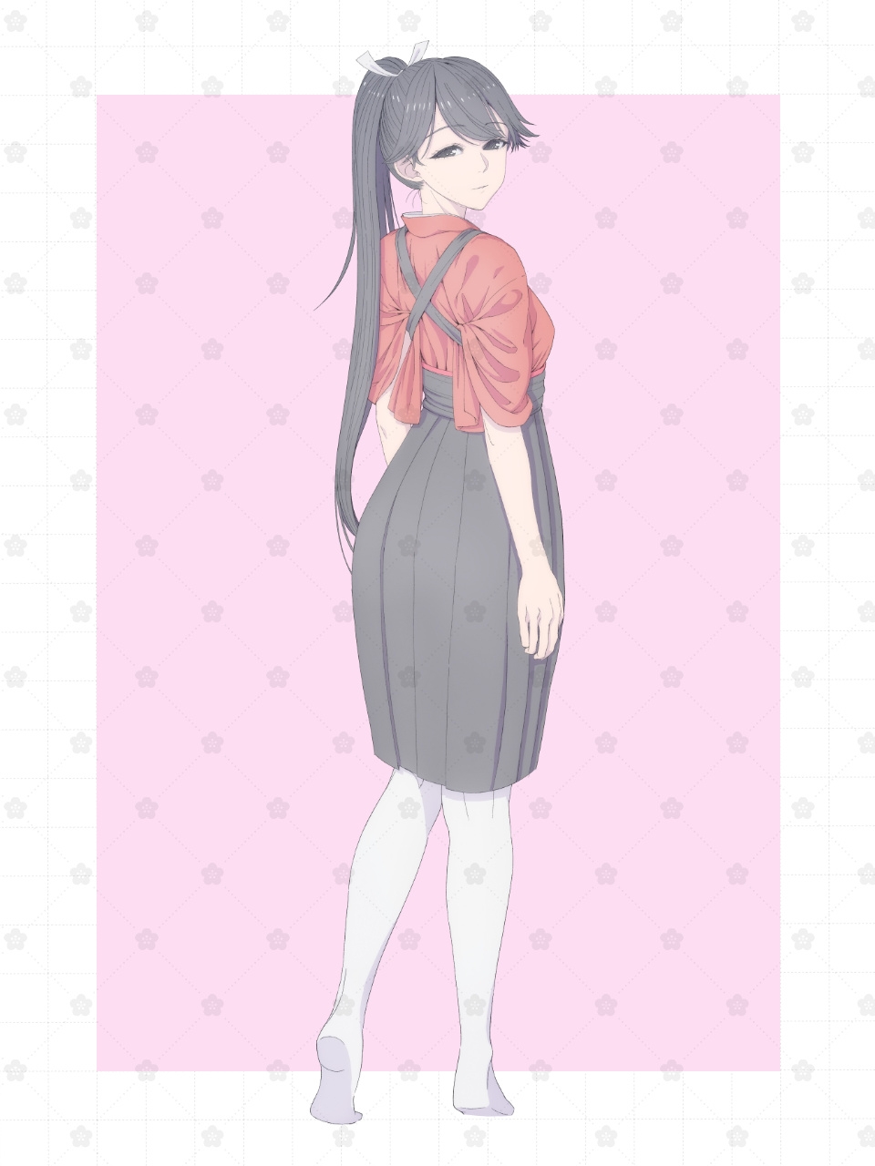 1girl bad_source black_eyes black_hair black_skirt closed_mouth from_behind full_body hair_ribbon hakama hakama_skirt highres houshou_(kancolle) japanese_clothes kantai_collection kimono long_hair looking_at_viewer looking_back no_shoes paid_reward_available ponytail red_kimono ribbon skirt solo standing suspender_skirt suspenders thighhighs white_ribbon white_thighhighs yuichi_(sp_sakura_yoshi) yukata