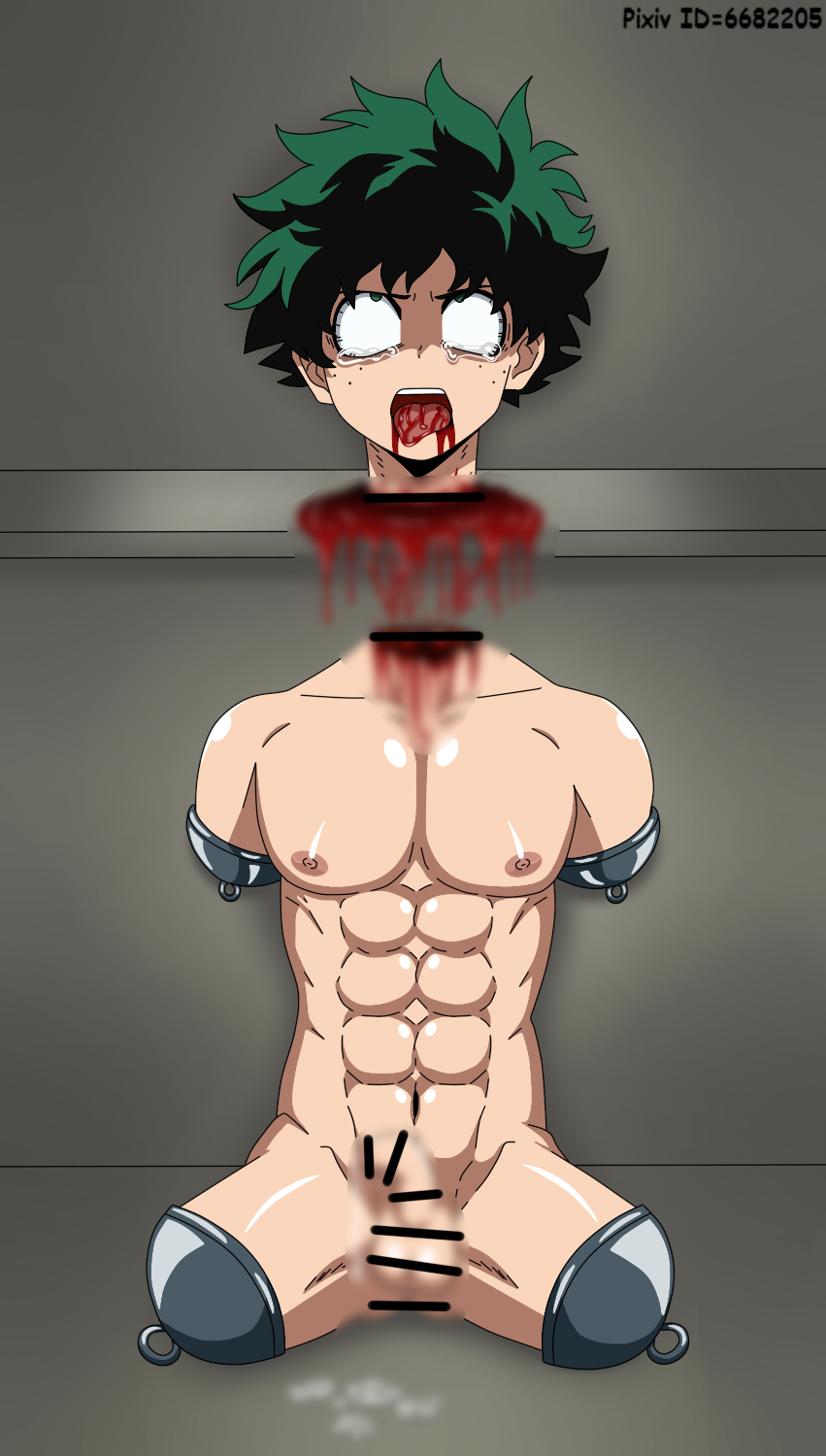 1boy amputated_arm amputated_leg amputation amputee bar_censor blood blood_on_neck blood_splatter boku_no_hero_academia boys_love censored corpse crying cum death decapitated_head decapitation disembodied_head ero_guro gp007 green_eyes green_hair guro highres male_focus midoriya_izuku muscular muscular_male necrophilia penis severed_arm severed_head severed_leg severed_limb shota snuff testicles thighs tongue tongue_out
