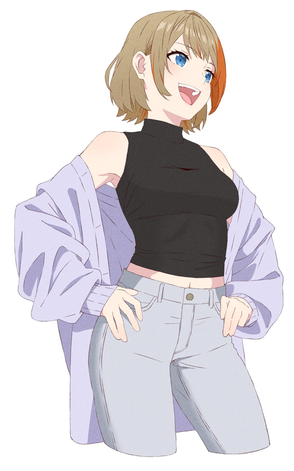 1girl akitetsu black_shirt blue_eyes blush breasts cowboy_shot cropped_legs grey_pants grey_shirt hands_on_own_hips highres light_brown_hair looking_afar medium_breasts midriff multicolored_hair nanashi_inc. open_mouth orange_hair pants shirt shirt_partially_removed short_hair simple_background sleeveless sleeveless_shirt smile solo teeth touri_sei touri_sei_(2nd_costume) turtleneck two-tone_hair upper_teeth_only virtual_youtuber white_background