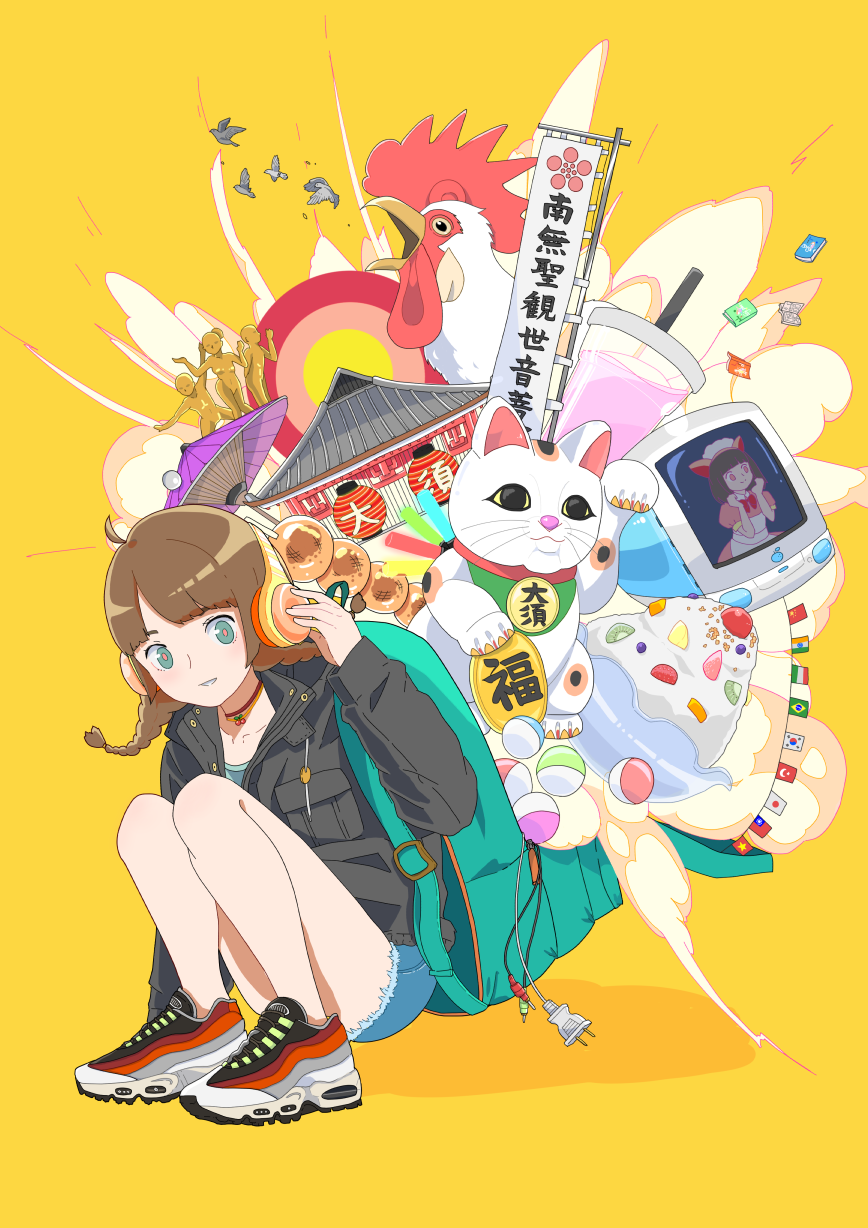 1girl aqua_eyes backpack bag bare_legs bird black_jacket blue_shorts breast_pocket brown_hair building chicken cup drink drinking_straw electric_plug flag food fruit highres jacket kiwi_(fruit) kiwi_slice long_hair long_sleeves maneki-neko original parted_lips pocket rca_connector rooster shadow shoes shorts smile solo squatting television twintails yellow_background yoshimon