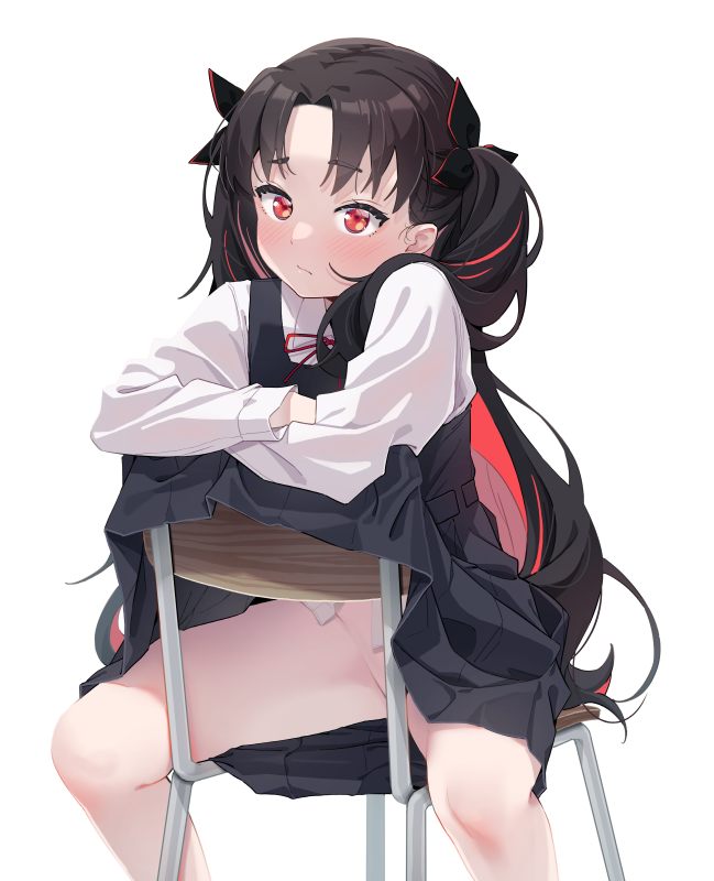 1girl agnamore black_dress black_hair blush chair chair_censor closed_mouth clothes_lift collared_shirt commentary_request convenient_censoring dress dress_lift fate/grand_order fate_(series) feet_out_of_frame ishtar_(fate) lifting_own_clothes long_hair long_sleeves multicolored_hair neck_ribbon no_panties on_chair parted_bangs pinafore_dress red_eyes red_hair red_ribbon ribbon school_chair school_uniform shirt simple_background sitting sleeveless_dress solo spread_legs streaked_hair thick_eyebrows twintails two-tone_hair very_long_hair white_background white_shirt