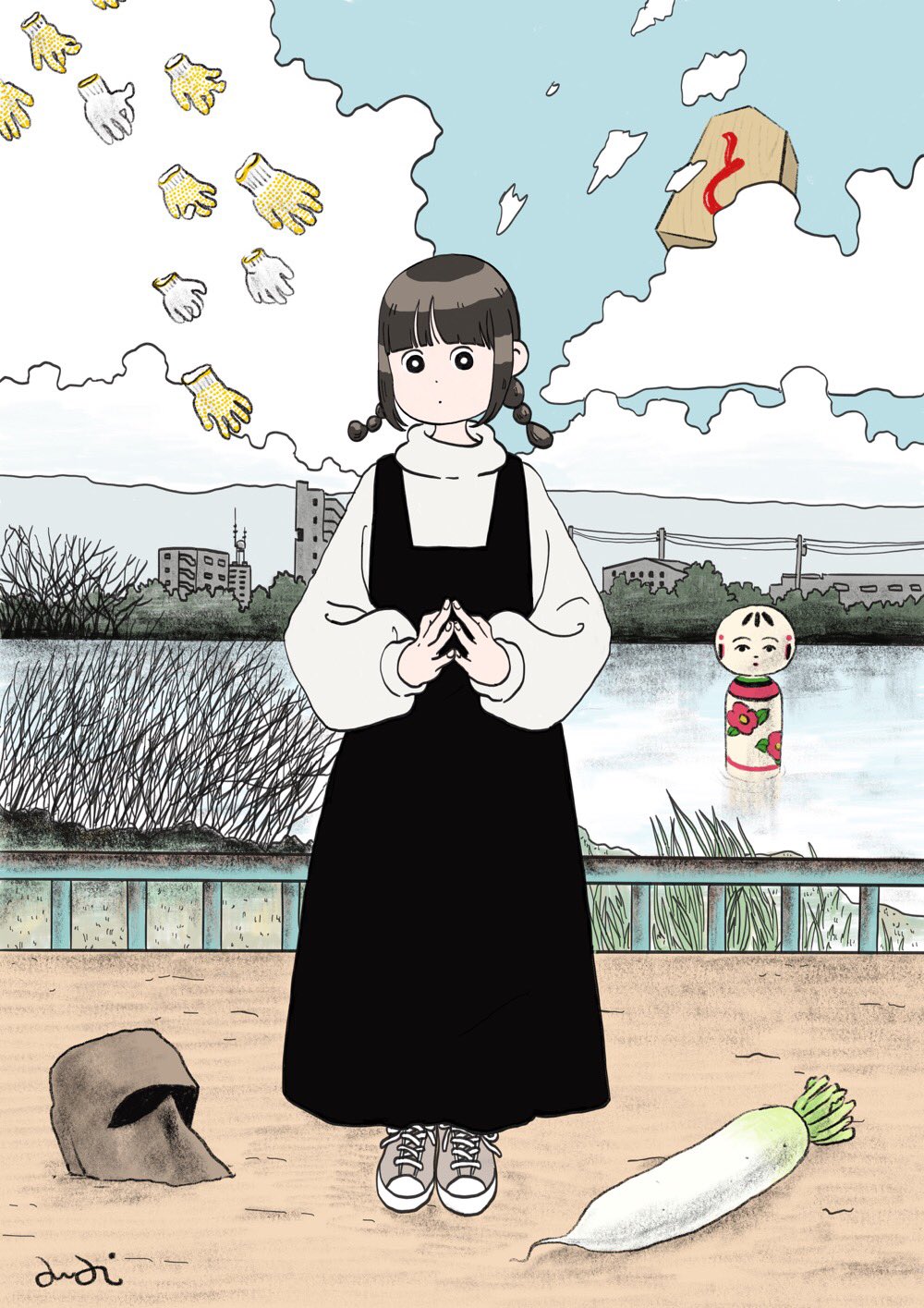 1girl awai880 black_dress black_hair blue_sky building cloud cloudy_sky daikon day dress food gloves highres horizon kokeshi long_sleeves moai original radish shirt shogi_piece sky solo standing twintails vegetable water white_shirt wide_shot