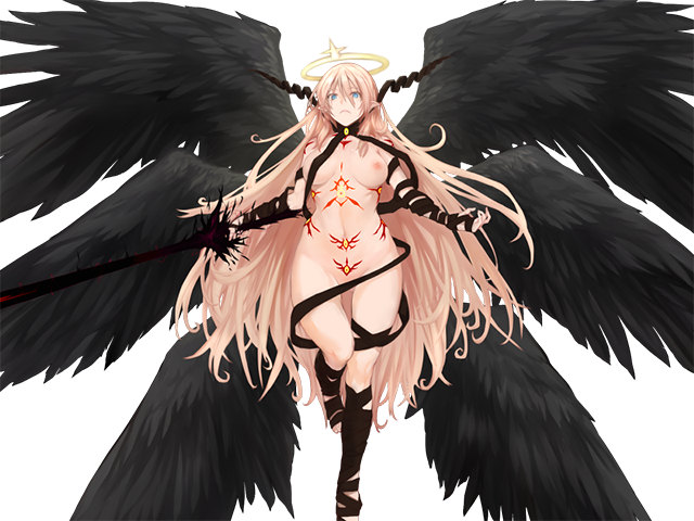 1girl angel angel_wings black_ribbon black_wings blonde_hair blue_eyes breasts closed_mouth feathered_wings full-body_tattoo game_cg hair_between_eyes halo holding holding_weapon large_breasts light_frown long_hair micaela_(mon-musu_quest!) mon-musu_quest! mon-musu_quest:_paradox multiple_wings naked_ribbon navel nipples nude nuppehofu_(nibuta) outstretched_arms pointy_ears ribbon tattoo variant_set very_long_hair weapon wings yellow_halo