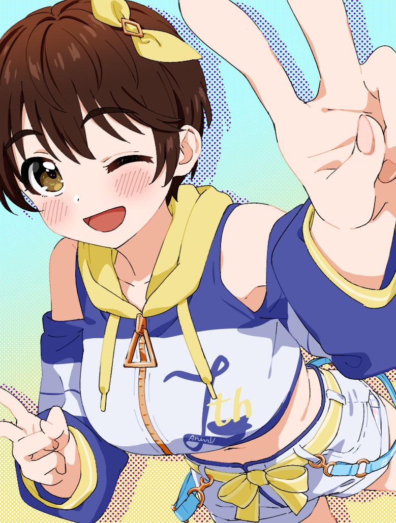 ;d belt belt_bow bow breasts brown_eyes brown_hair clothing_cutout crop_top cropped_hoodie double_v dr._gero_(staedtler_0508) from_above hair_bow hood hood_down hoodie idolmaster idolmaster_cinderella_girls large_breasts looking_at_viewer midriff navel oikawa_shizuku one_eye_closed open_mouth short_hair shorts shoulder_cutout smile v zipper zipper_pull_tab