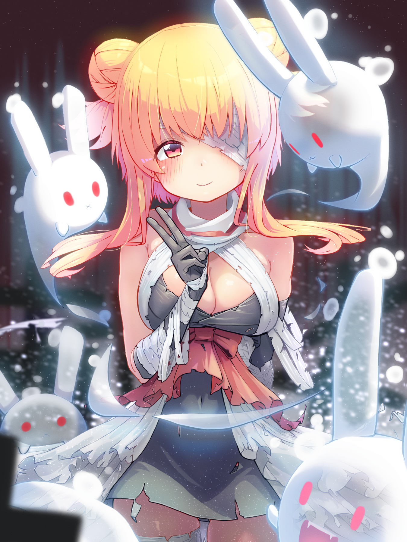 1girl alice_gear_aegis bandages battle_girl_high_school black_dress black_gloves blonde_hair blush breasts commentary_request double_bun dress ghost gloves hair_bun highres large_breasts looking_at_viewer orange_eyes rabbit red_eyes smaragdus_viridi solo v watagi_michelle
