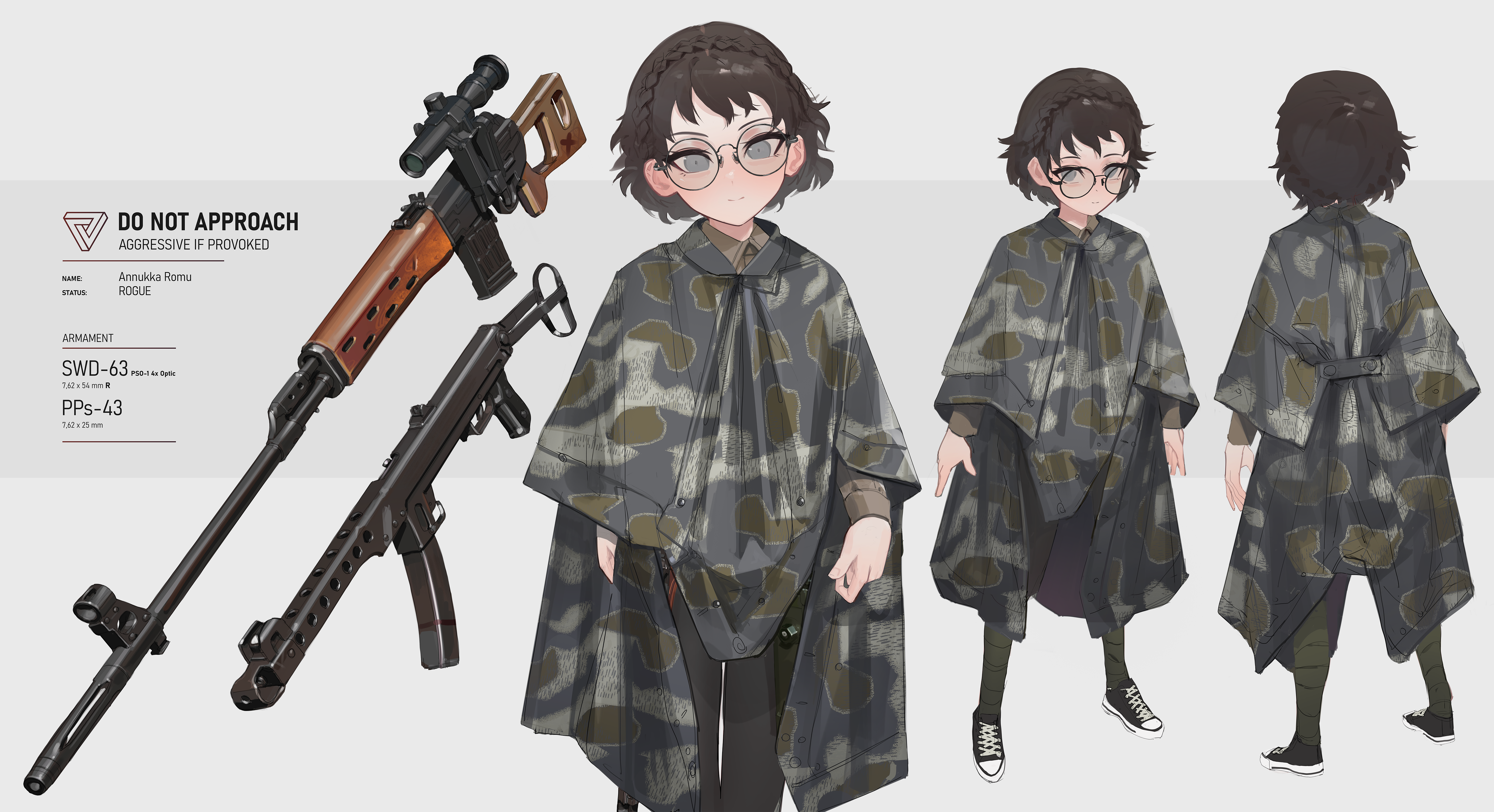 1girl absurdres annukka_romu black_pants brown_hair brown_shirt camouflage_cloak collared_shirt commission dragunov_svd english_text full_body glasses grey_eyes gun highres looking_at_viewer multiple_views original pants polilla poncho pps-43 rifle shirt sniper_rifle solo submachine_gun turnaround weapon