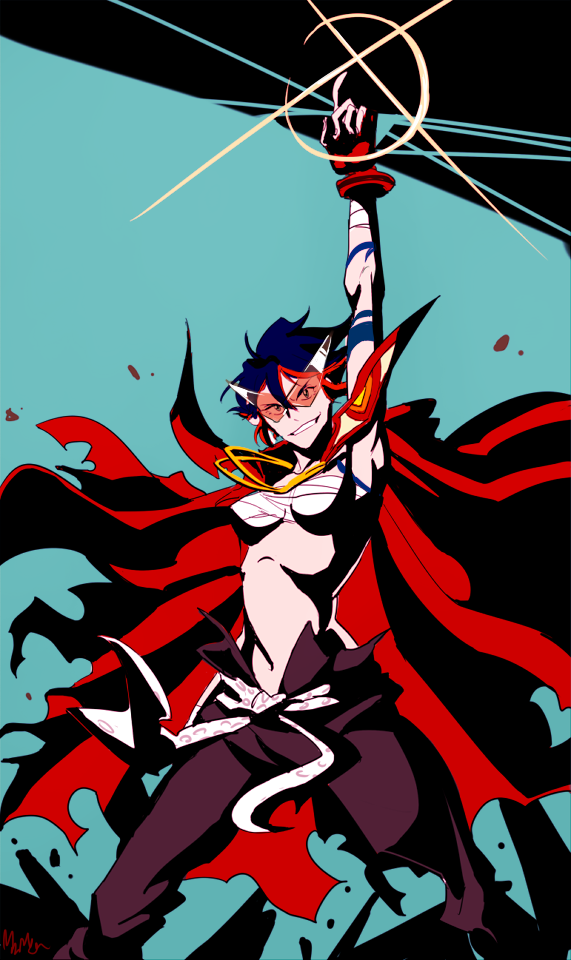 00s 10s 1girl arm_up bandages belt cape cosplay creator_connection female_focus ggolgab high_contrast kamina_(cosplay) kamina_(ttgl) kamina_pose kamina_shades kill_la_kill lens_flare matoi_ryuuko pointing pointing_up senketsu short_hair solo sunglasses tengen_toppa_gurren_lagann triangular_eyewear
