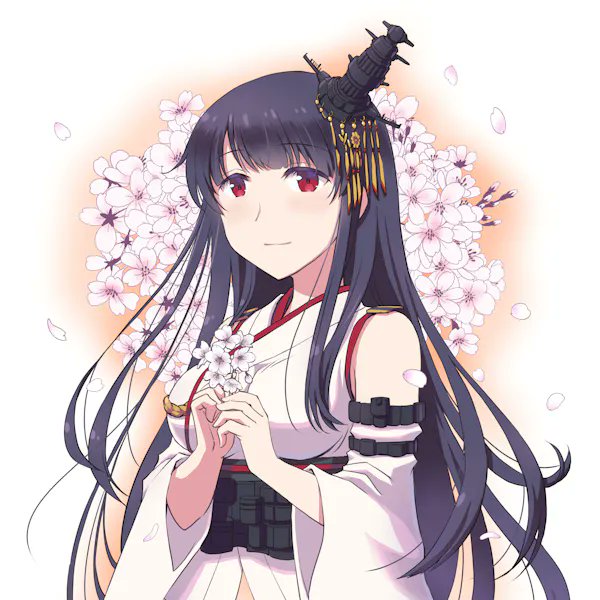 1girl black_hair breasts detached_sleeves flower flower_request fusou_(kancolle) headgear holding holding_flower kantai_collection large_breasts long_hair nao_(nao_eg) nontraditional_miko red_eyes second-party_source smile solo upper_body