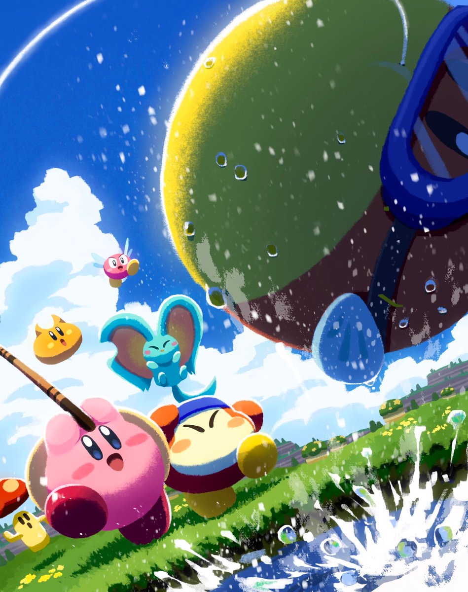 :d :o arms_up aruco_co bandana bandana_waddle_dee blipper blue_bandana blue_sky blush_stickers bright_pupils bronto_burt cappy_(kirby) closed_eyes cloud day elfilin fishing fishing_rod floating happy hat highres kirby kirby_(series) kirby_and_the_forgotten_land nintendo no_eyebrows no_mouth no_nose open_mouth outdoors scarfy sky smile standing standing_on_one_leg tail water white_pupils