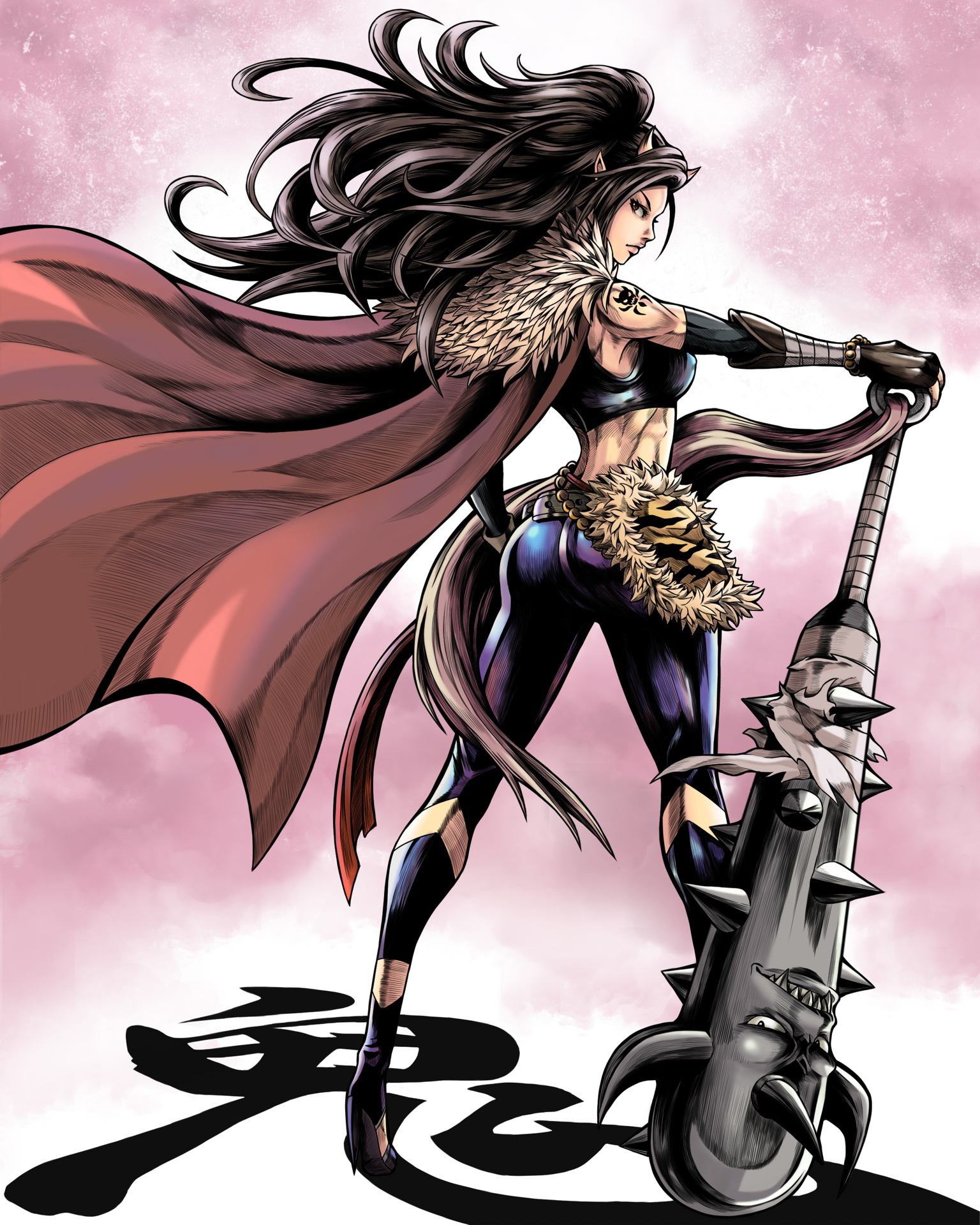 1girl ass belt black_hair black_pants breasts cape club club_(weapon) commentary_request covered_erect_nipples crop_top female_focus from_behind full_body fur_collar hand_on_own_hip high_heels highres horns huge_weapon lips living_weapon long_hair looking_back medium_breasts oni oni_horns oni_nee-san_(to-ru) original pants planted pointy_ears sash shoulder_tattoo solo spiked_club stiletto_heels tattoo tight_clothes tight_pants to-ru toned weapon wind wind_lift