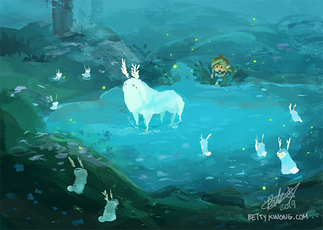 antlers bettykwong blupee blush_stickers fireflies grass horns link lord_of_the_mountain nintendo pointy_ears pond sneaking the_legend_of_zelda the_legend_of_zelda:_breath_of_the_wild tree
